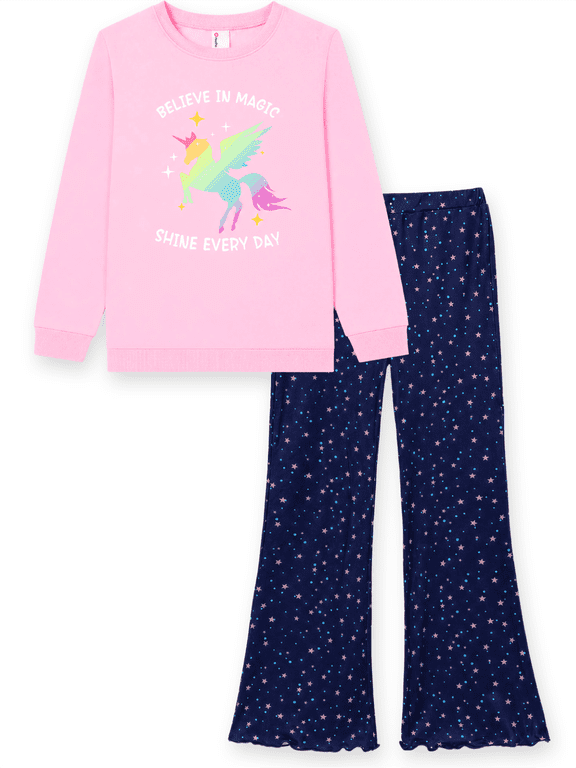 Girls Clothes 2 Piece Outfit Set Long Sleeve Unicorn Graphic Top Flare Pants Pink 7-8Y
