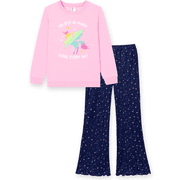 PatPat Girls Clothes 2 Piece Outfit Set Long Sleeve Unicorn Graphic Top Flare Pants Pink 9-10Y