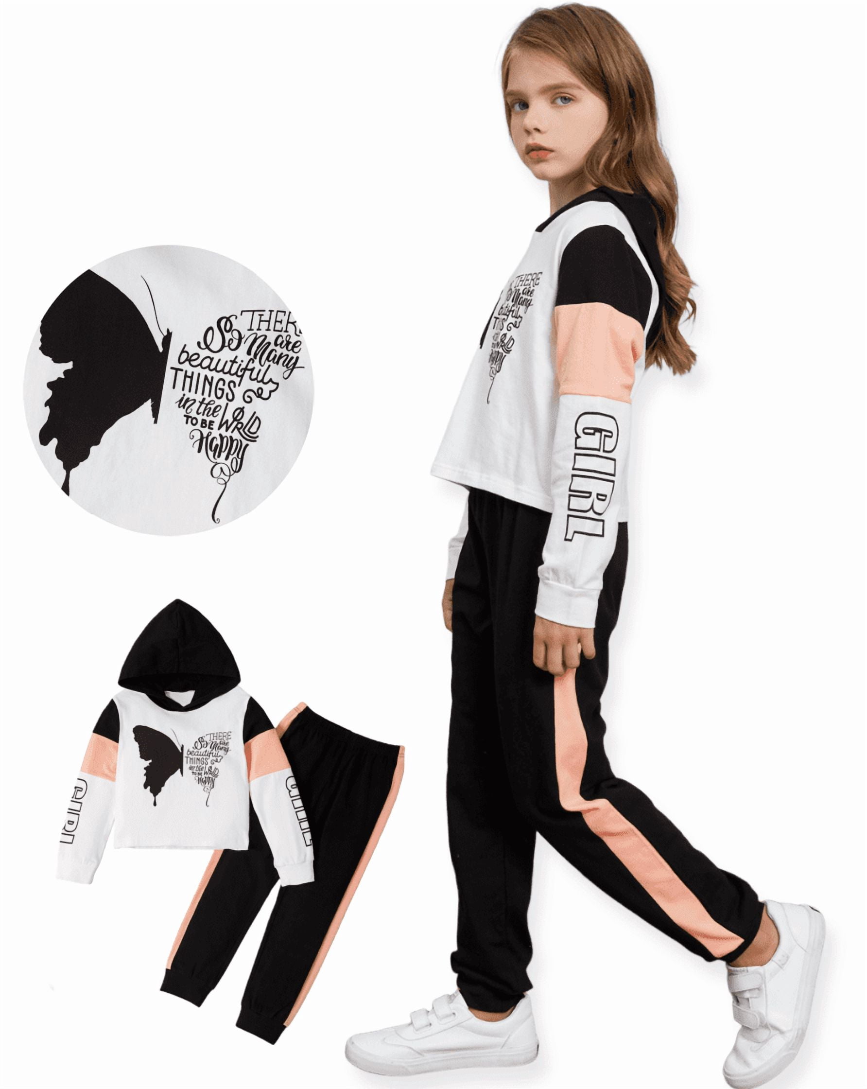 Girls Clothes 2 Pieces Butterfly Graphic Pullover Cotton Hoodies Colorblock Crop Tops and Jogger Pants Outfit Set Size 4-12
