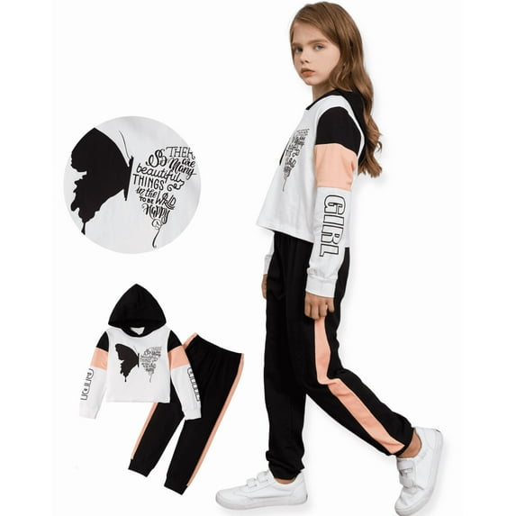 PatPat Girls Clothes 2 Pieces Butterfly Graphic Pullover Cotton Hoodies Colorblock Crop Tops and Jogger Pants Outfit Set Size 4-12