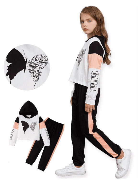 Girls Clothes 2 Pieces Butterfly Graphic Pullover Cotton Hoodies Colorblock Crop Tops and Jogger Pants Outfit Set Size 4-12