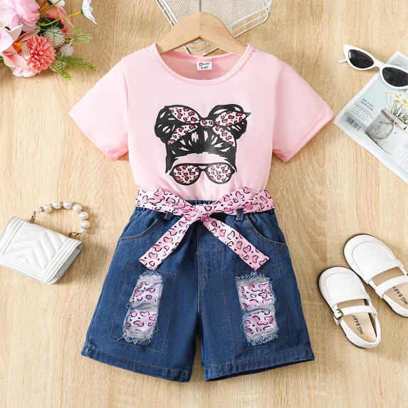 PatPat Girls Clothes Sets 2Pcs Outfits Set for Little Girls Trendy Leopard & Figure Print Short Sleeve Tee and Ripped Belted Denim Shorts Set, Pink, 7-8 Years