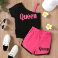 thumbnail image 1 of PatPat Girls Clothing Sets Kids Letter Print One Shoulder Top and Shorts Outfits Set, Black, 5-6 Years, 1 of 6