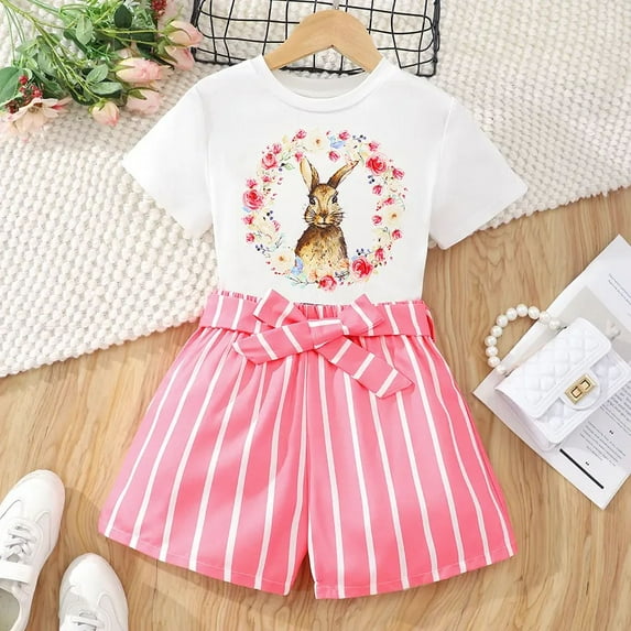 PatPat Girls Clothing Sets Little Girls Outfits 2pcs Animal Print Short Sleeve Top and Stripe Belted Shorts Set, Pink, 11-12 Years