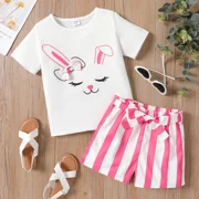PatPat Girls Clothing Sets Little Girls Outfits 2pcs Animal Print Short Sleeve Top and Stripe Belted Shorts Set, Pink, 9-10 Years