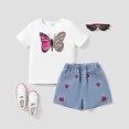 thumbnail image 1 of PatPat Girls Clothing Sets Little Girls Outfits Set 2 Piece Butterfly Print Short Sleeve Tee and Denim Shorts Set, White, 8-9 Years, 1 of 6