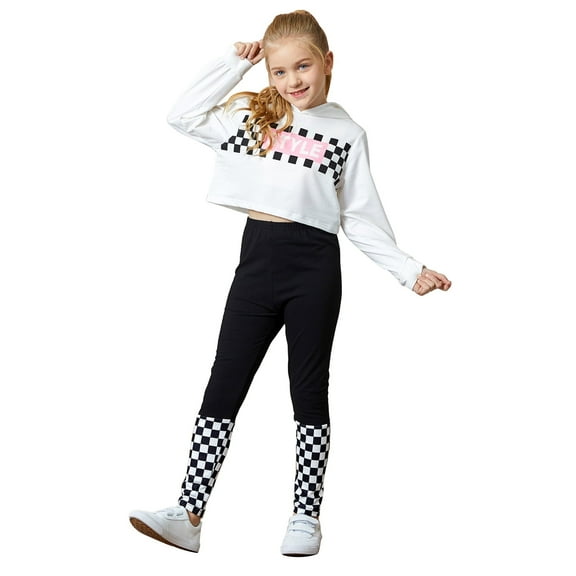 PatPat Girls Cropped Hoodies Plaid Sweatshirts and Legging Pants Set for Toddler and Big Girls Size 4-12