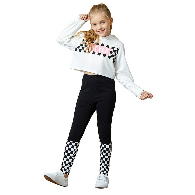 PatPat Girls Cropped Hoodies Plaid Sweatshirts and Legging Pants Set for Toddler and Big Girls Size 4 12