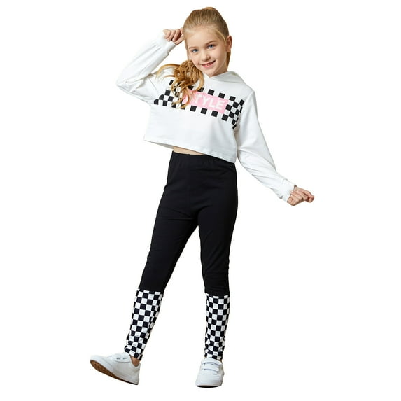 PatPat Girls Cropped Hoodies Plaid Sweatshirts and Legging Pants Set for Toddler and Big Girls Size 4-12