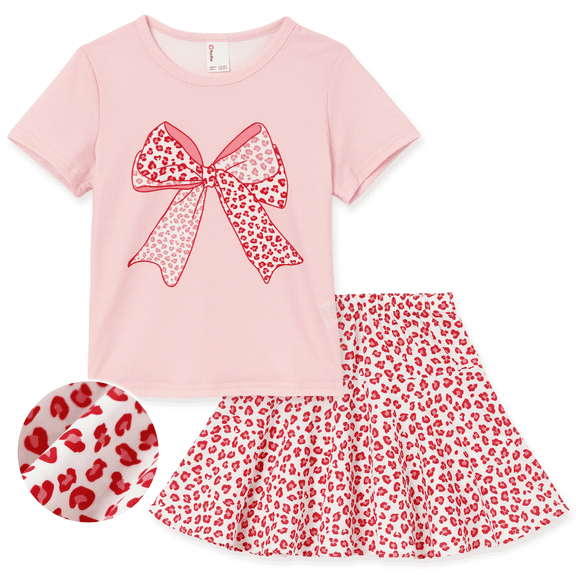 PatPat Girls Dress Set Bow Graphic T Shirt with Leopard Print Skirt Cute Outfit Set Kids Clothes Summer Sizes 4-12Y