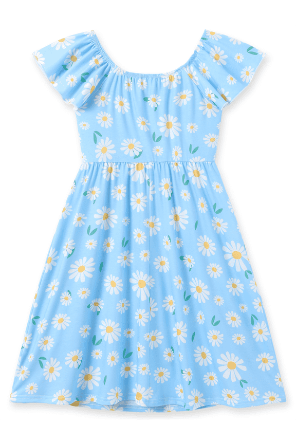 Girls Dress Square Neck Flutter Sleeve Dress All Over Floral Print Casual Kids Summer Dress 5-12Y