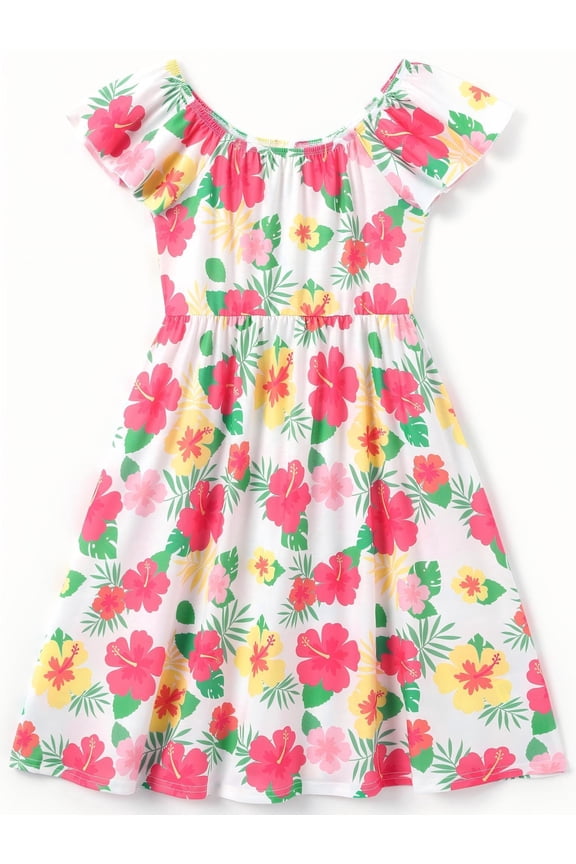Girls Dress Square Neck Flutter Sleeve Dress All Over Floral Print Casual Kids Summer Dress 5-12Y