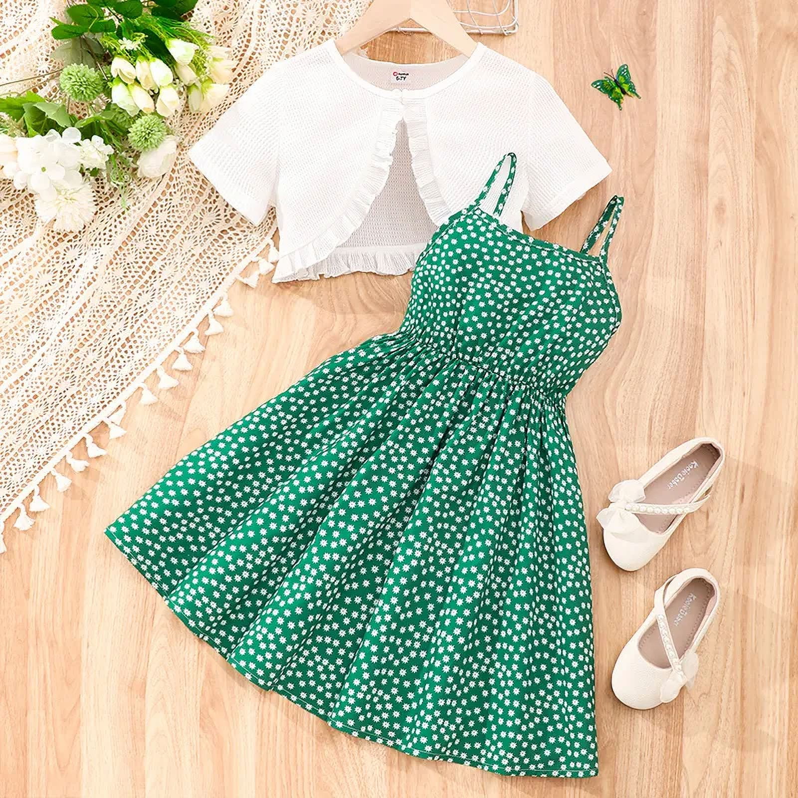 PatPat Girls Dresses 2pcs Little Girls Dot Sleeveless Dresses Ruffled Short Sleeve Cardigan Outfits Set Green 11 12 Years Walmart