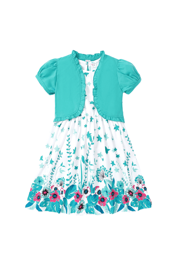 Girls Dresses Floral Dress Ruffled Short Sleeve Cardigan 2 Pieces Outfits Set Sizes 5-12