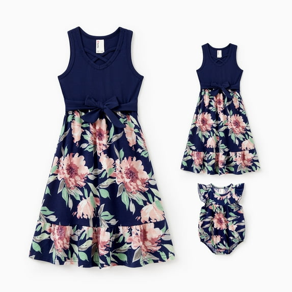 PatPat Girls Dresses Mommy and Me Blue Cotton Floral Midi Sleeveless Casual Summer Dresses for Girls,8-9Y