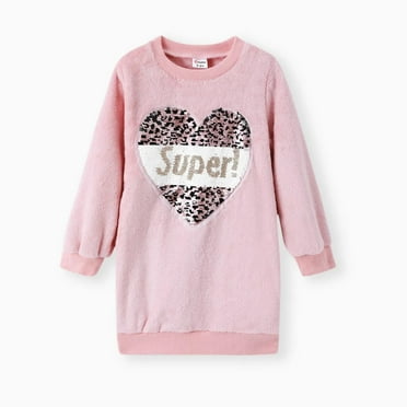 PatPat Girls Dresses Pink Fleece Pullover Graphic Letter Heart Sequins Sweatshirt Dress Sizes 4-12