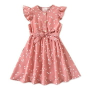 PatPat Girls Dresses Polka Dots Button Design Flutter Sleeveless with Belt Princess Dress Sizes 4-12