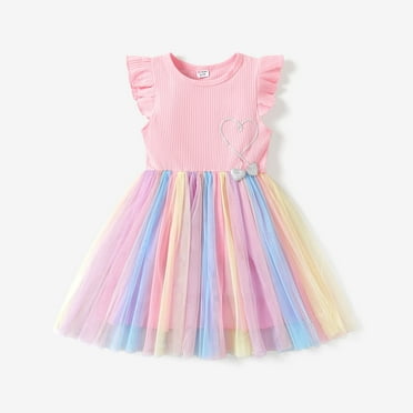 PatPat Girls Dresses Princess Heart Rainbow Party Dress Round Neck Tulle Dress Size 4-12