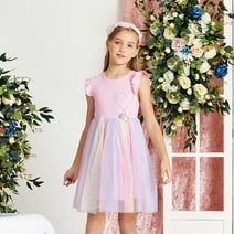 PatPat Girls Dresses Princess Heart Rainbow Party Dress Round Neck Tulle Dress Size 4-12