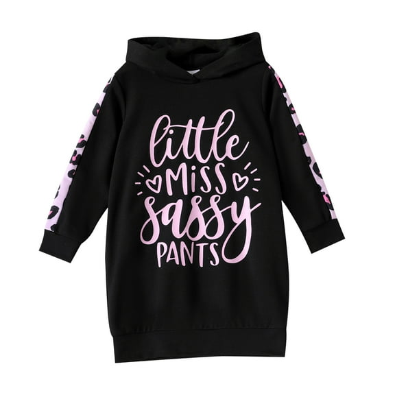 PatPat Girls Dresses Pullover Fleece Letter & Leopard Print Black Hooded Sweatshirt Dress Sizes 5-12