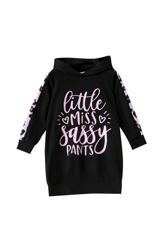Girls Dresses Pullover Fleece Letter & Leopard Print Black Hooded Sweatshirt Dress Sizes 5-12