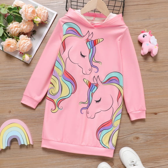 PatPat Girls Dresses Unicorn Oversized Sweatshirt Hoodie Dress Pink Size 5-12
