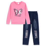 PatPat Girls Fashion Outfit Set Graphic Print Top Ripped Denim Jeans Pants 2 Piece Kids Long Sleeve Clothes Size 4-12 Years