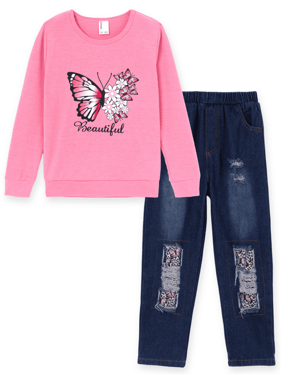 Girls Fashion Outfit Set Graphic Print Top Ripped Denim Jeans Pants 2 Piece Kids Long Sleeve Clothes Size 4-12 Years