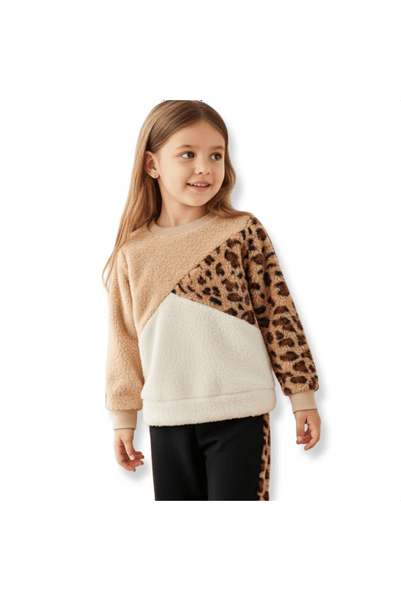 Girls Fleece Sweatshirts and Leopard Jogger Pants Colorblock 2 Pieces Outfit Set Sizes 4-12