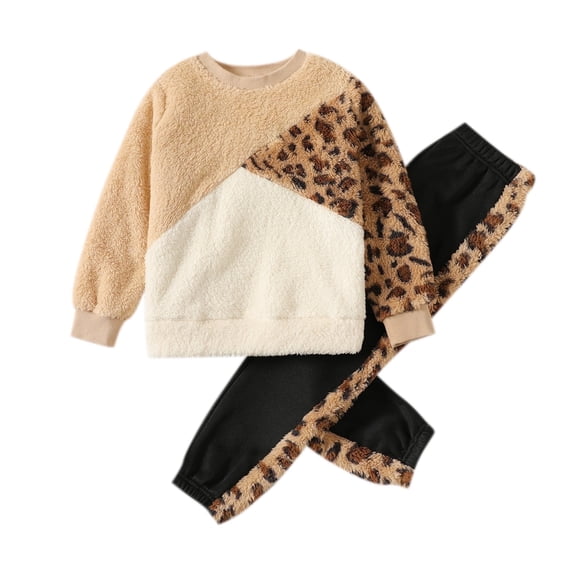 PatPat Girls Fleece Sweatshirts and Leopard Jogger Pants Colorblock 2 Pieces Outfit Set Sizes 4-12