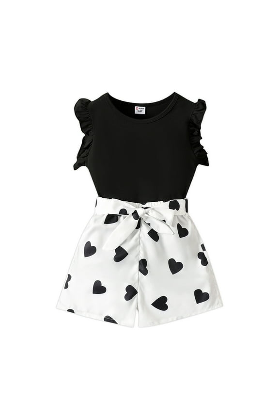 Girls Flutter Sleeve T-Shirt Love Heart Belted Shorts 2 Pieces Summer Outfit Set Sizes 5-12