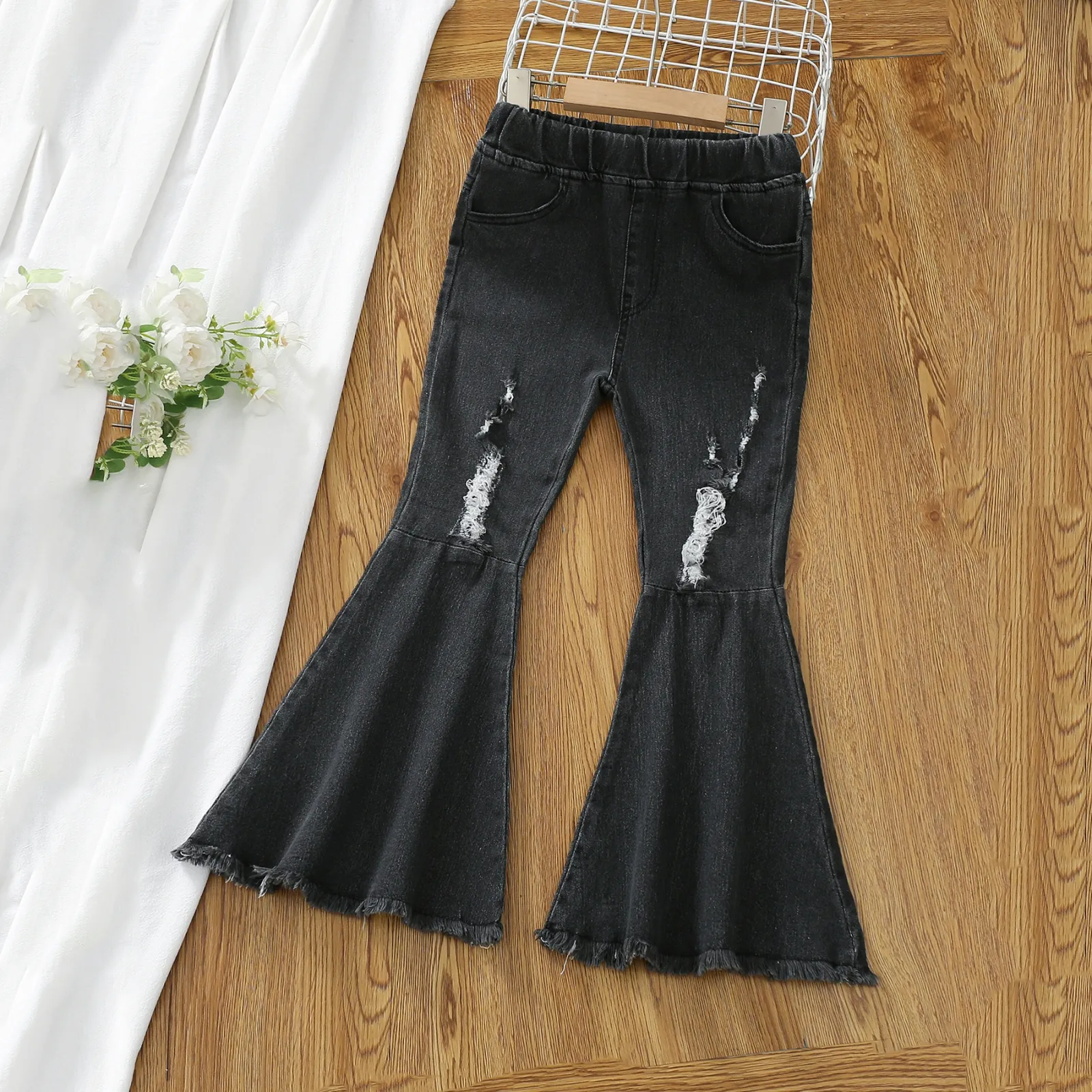 Girls Jeans Ripped Raw Hem Cotton Flare Pants Sizes 5-13