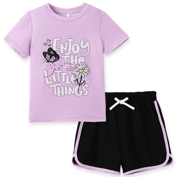 PatPat Girls Outfit Set Butterfly Floral Graphic Short Sleeve T-Shirt and Shorts 2 Piece Set Casual Kids Clothes Sizes 4-12Y