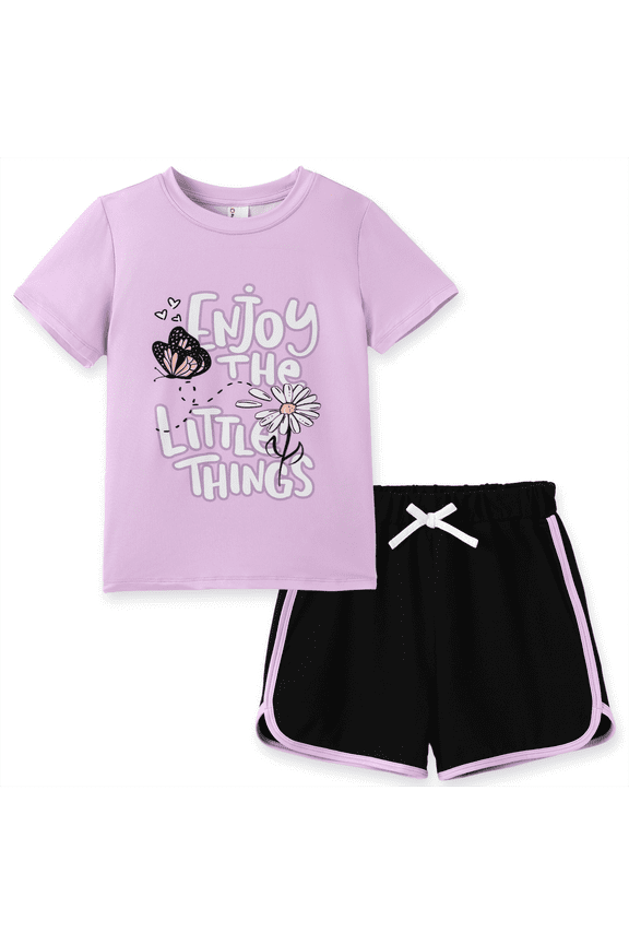 Girls Outfit Set Butterfly Floral Graphic Short Sleeve T-Shirt and Shorts 2 Piece Set Casual Kids Clothes Sizes 4-12Y