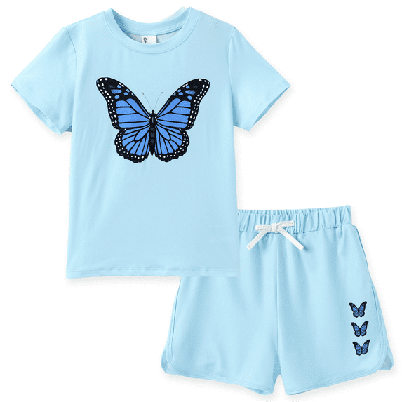 PatPat Girls Outfit Set Butterfly Graphic Short Sleeve T-Shirt and Shorts 2 Piece Set Casual Kids Clothes Sizes 4-12Y