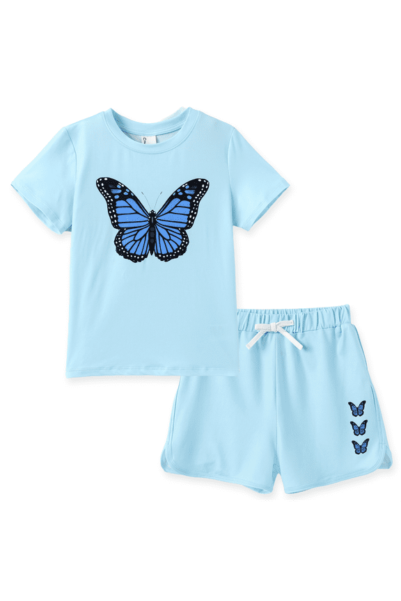Girls Outfit Set Butterfly Graphic Short Sleeve T-Shirt and Shorts 2 Piece Set Casual Kids Clothes Sizes 4-12Y