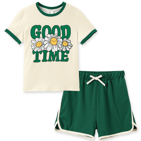 PatPat Girls Outfit Set Floral Graphic Short Sleeve T-Shirt and Shorts 2 Piece Set Casual Kids Clothes Sizes 4-12Y