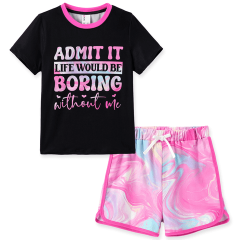 Girls Outfit Set Graphic Short Sleeve T-Shirt and Tie-Dye Shorts 2 Piece Set Casual Kids Clothes Sizes 4-12Y