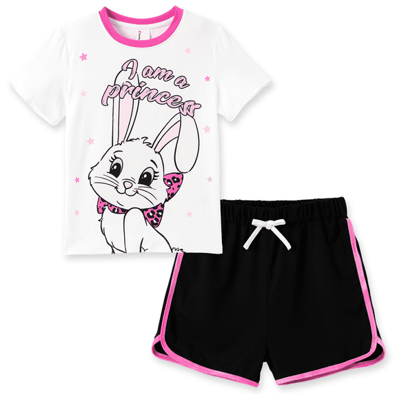 PatPat Girls Outfit Set Rabbit Print Graphic Short Sleeve T-Shirt and Shorts 2 Piece Set Casual Kids Clothes Sizes 4-12Y