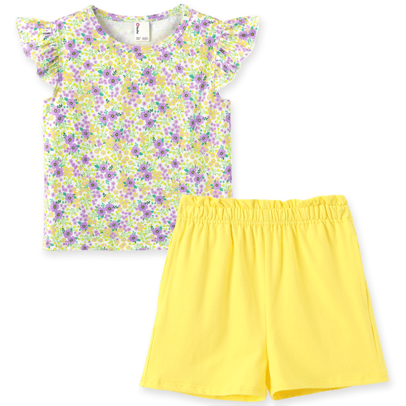 PatPat Girls Outfit Set Ruffle Floral Print Top with Solid Yellow Shorts Girls Summer Clothes 2 Piece Kids Clothing Set Sizes 5-12Y