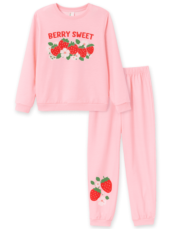 Girls Outfit Set Strawberry Graphic Print Sweatshirt and Sweatpants 2 Piece Kids Clothes Jogger Pants Long Sleeve Size 4-12 Years