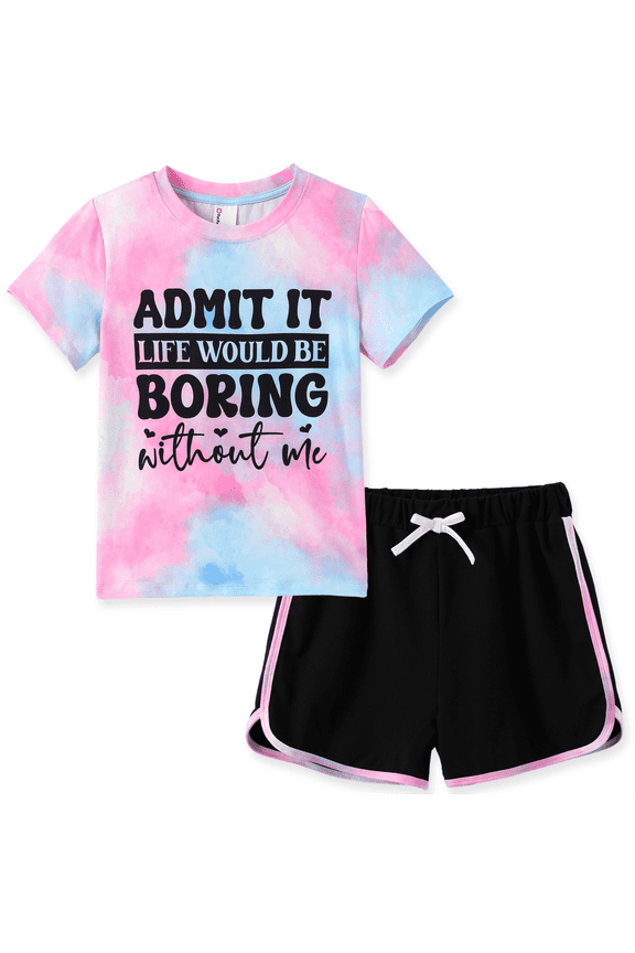 Girls Outfit Set Tie-Dye Graphic Short Sleeve T-Shirt and Shorts 2 Piece Set Casual Kids Clothes Sizes 4-12Y