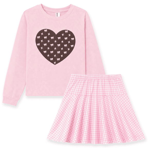 PatPat Outfit Set Heart Graphic Long Sleeve Top and Houndstooth Skirt Set 2 Piece Kids Clothes 4-12Y
