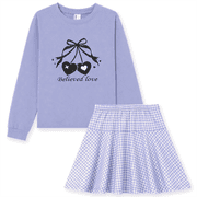 PatPat Outfit Set Bow and Cherry Heart Graphic Long Sleeve Top and Houndstooth Skirt Set 2 Piece Kids Clothes 4-12Y