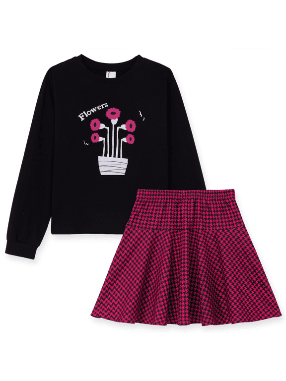 Outfit Set Floral Graphic Long Sleeve Top and Houndstooth Skirt Set 2 Piece Kids Clothes 4-12Y