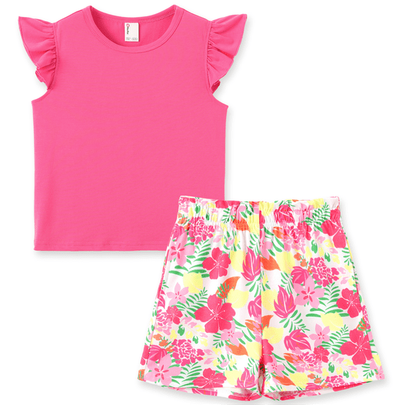 PatPat Girls Outfits 2 Piece Outfit Set Ruffle Sleeve Top Floral Shorts Girls Summer Clothes Kids Clothing Set Sizes 5-12Y
