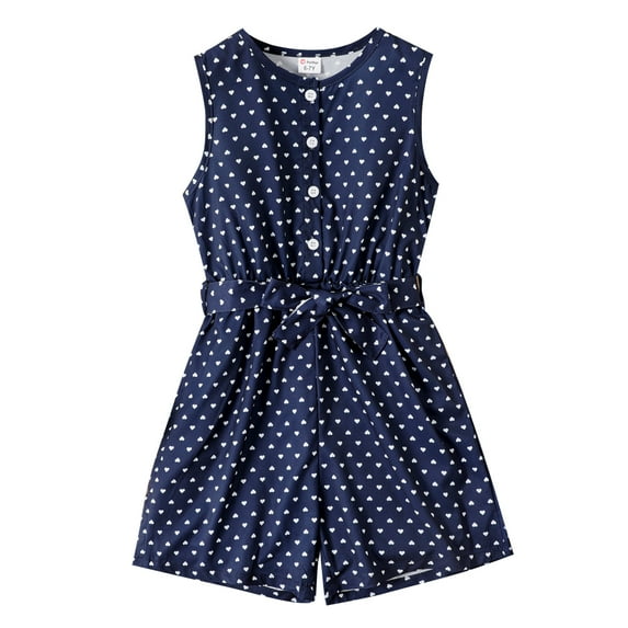 PatPat Girls Romper Allover Heart Print Belted Tank Romper Summer Outfits Sizes 5-12