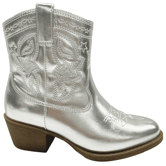 PatPat Girls Sliver Cowboy Boots Size 5, Mid Calf Platform Horse Riding Shoes Embroidered Pointed Toe Cowboy Boots with Side Zipper