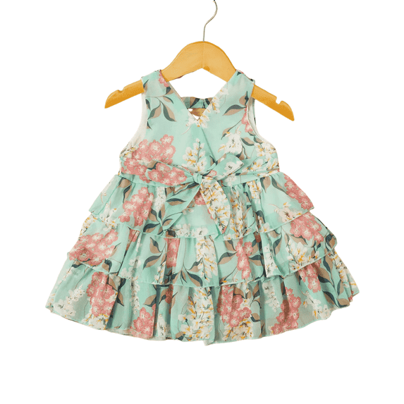 PatPat Girls Summer Dress Toddler Girl Floral Dresses Chiffon Layered Princess Sundress, Green,4-5 Years