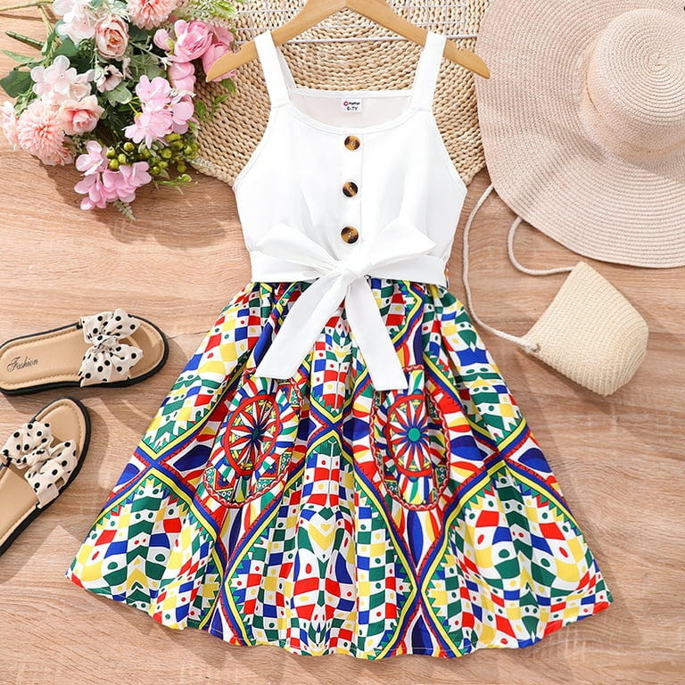 PatPat Girls Summer Dresses Kid Girl Bohemia Ethnic Print Color Block Cami Button Down Dress White 8 9 Years Walmart